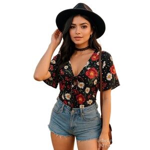 Boohoo Floral Print Bodysuit Women’s‎ US 10  Black Red Daisy Rose Festival Y2K